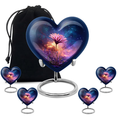 Cobalt Blue Daisy Cremation Urn close-up of engraving and surface detail - romantic heart urn with daisy motif on aluminum - memorial set with one large and four small urns