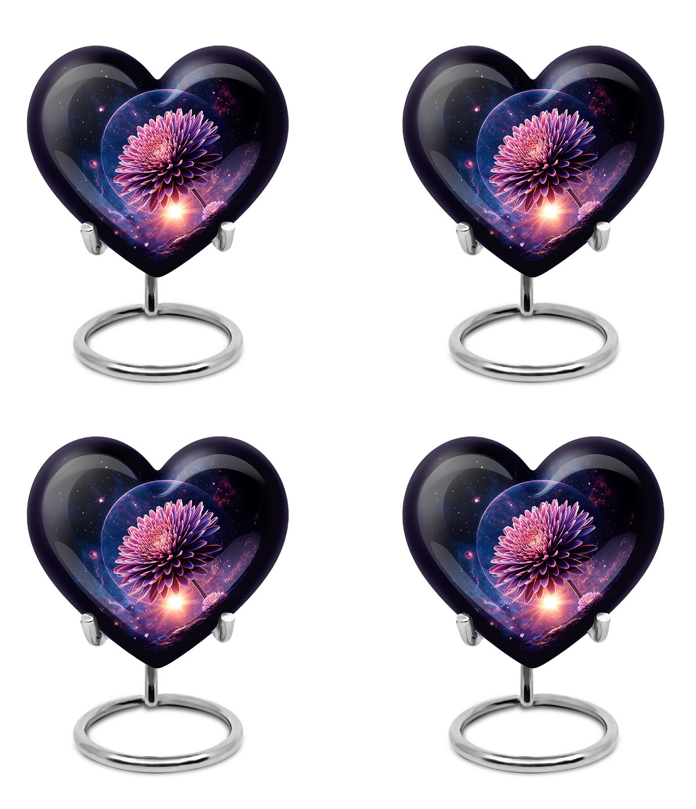 Obsidian Black Daisy Cremation Urn angled view of lid and engraved motif - romantic heart urn with daisy motif on aluminum - 10 inch aluminum urn for cremated remains
