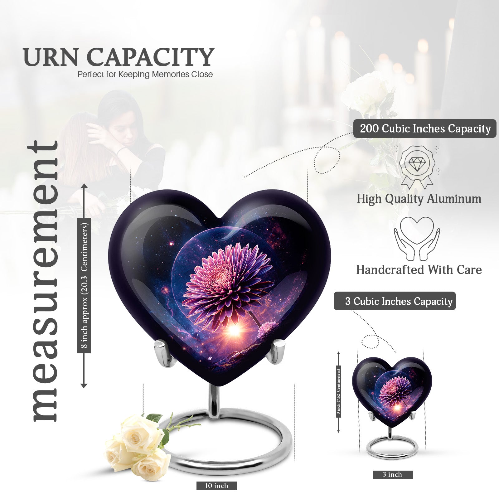Jet Black Daisy Cremation Urn front view showing detailed design - loving heart memorial featuring daisy pattern - mini keepsake memorial for portion of cremation ashes