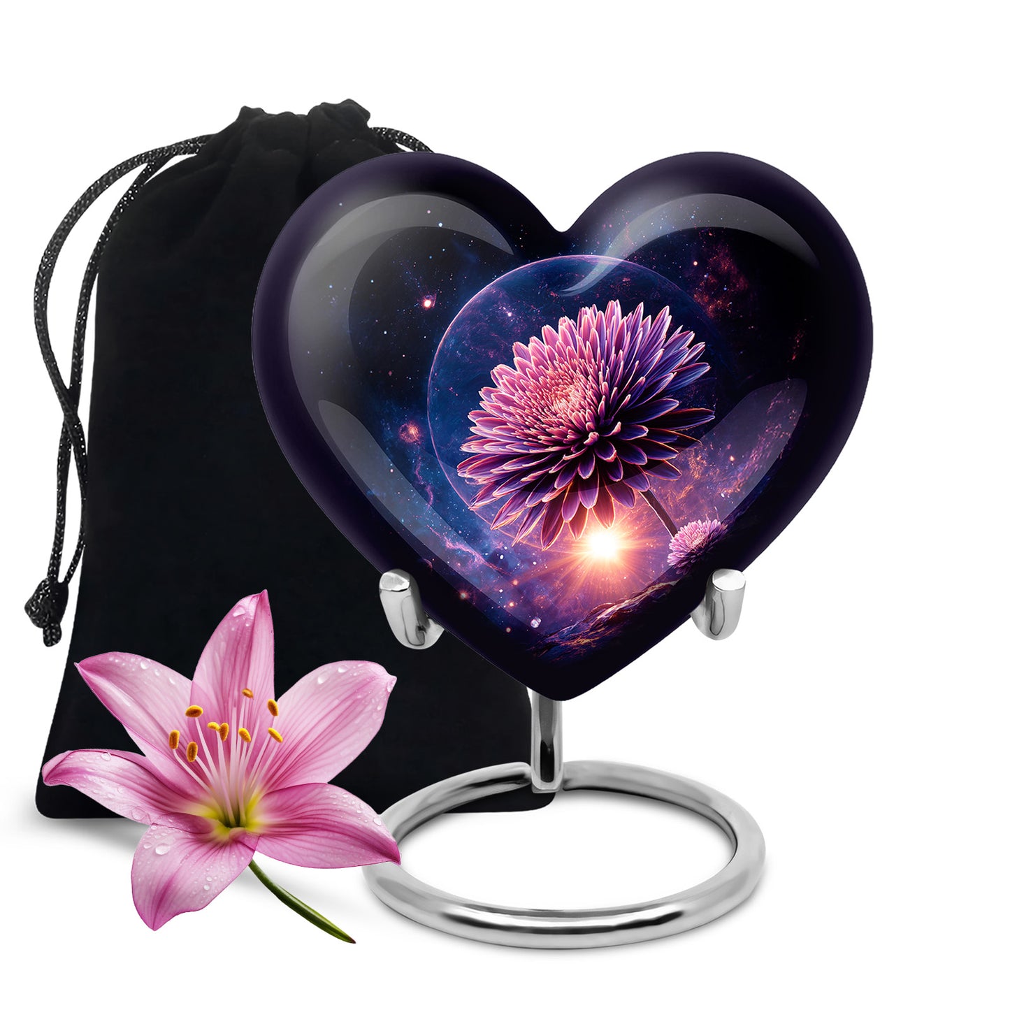 Ebony Daisy Cremation Urn detail view - loving heart memorial featuring daisy pattern - full-size 10 inch 200 cubic inch adult cremation urn