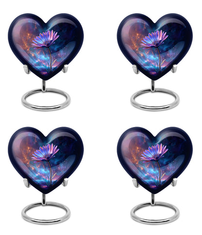 Sapphire Blue Daisy Cremation Urn angled view of lid and engraved motif - romantic heart urn with daisy motif on aluminum - 10 inch aluminum urn for cremated remains