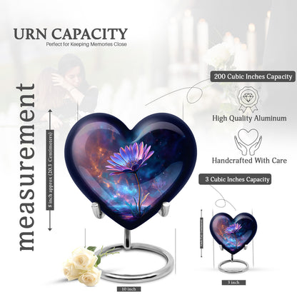 Sky Blue Daisy Cremation Urn front view showing detailed design - heart-shaped daisy design symbolizing eternal love - mini keepsake memorial for portion of cremation ashes