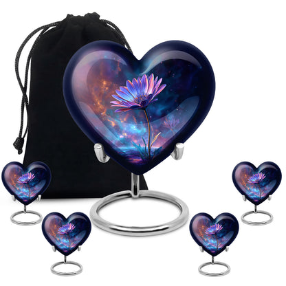 Indigo Daisy Cremation Urn close-up of engraving and surface detail - heart-shaped daisy design symbolizing eternal love - memorial set with one large and four small urns