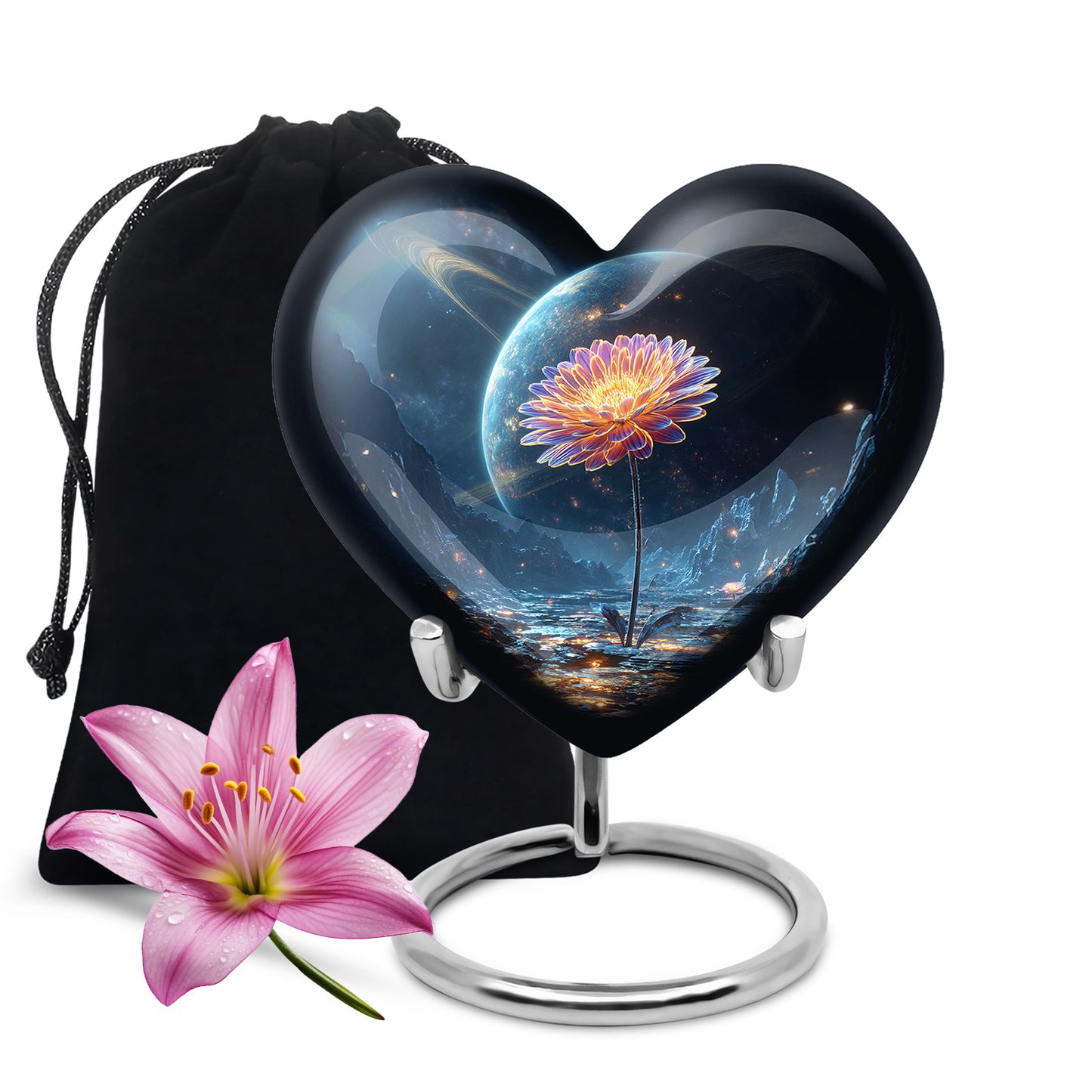 Sky Blue Daisy Cremation Urn detail view - heart-shaped daisy design symbolizing eternal love - full-size 10 inch 200 cubic inch adult cremation urn