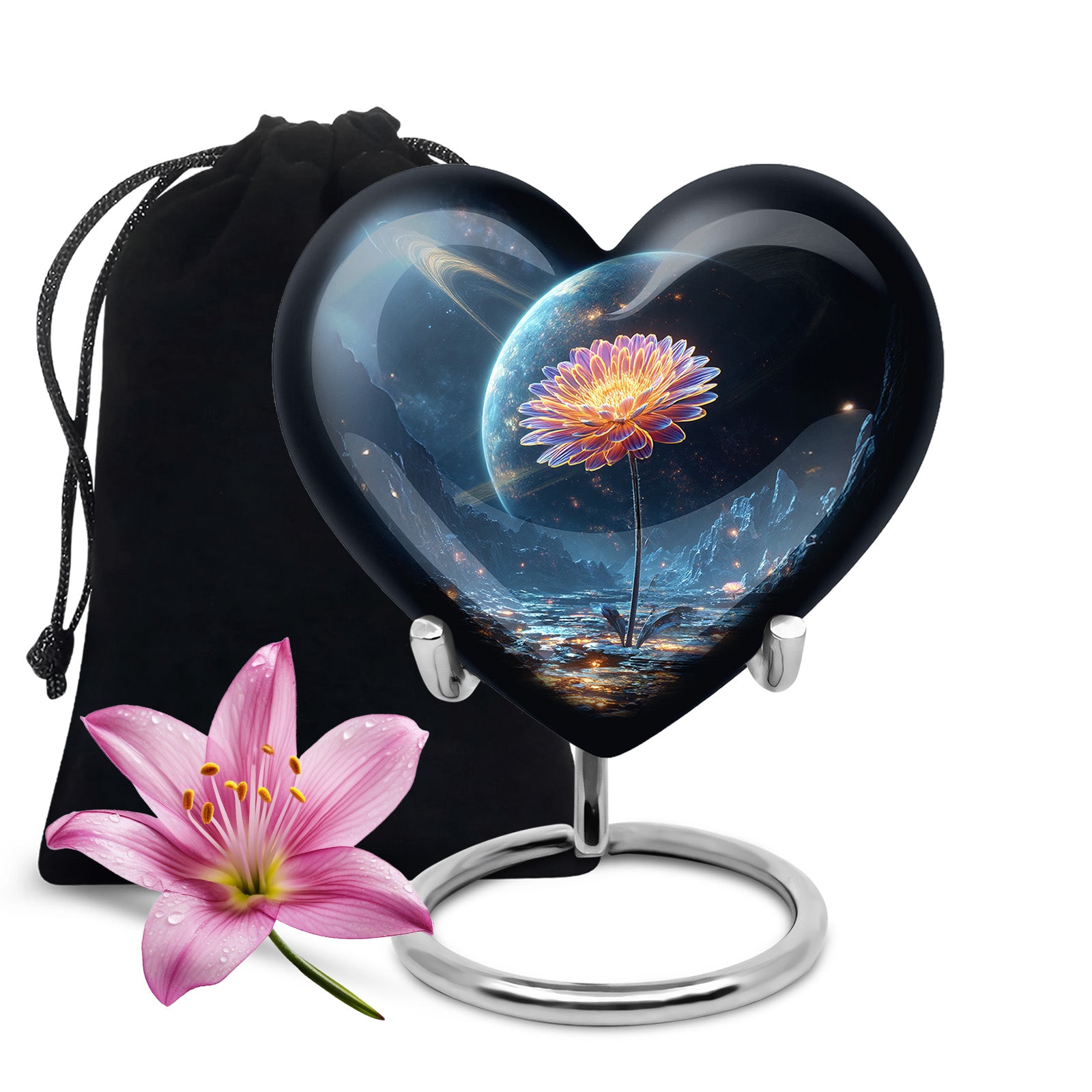 Sky Blue Daisy Cremation Urn detail view - heart-shaped daisy design symbolizing eternal love - full-size 10 inch 200 cubic inch adult cremation urn