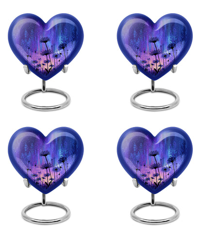 Bright Blue Daisy Cremation Urn angled view of lid and engraved motif - romantic heart urn with daisy motif on aluminum - 10 inch aluminum urn for cremated remains
