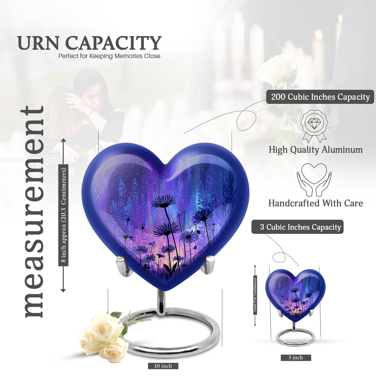Misty Blue Daisy Cremation Urn front view showing detailed design - heart-shaped daisy design symbolizing eternal love - mini keepsake memorial for portion of cremation ashes