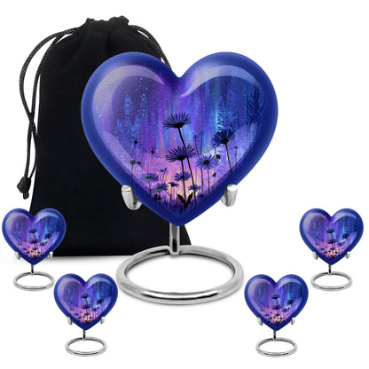 Soft Blue Daisy Cremation Urn close-up of engraving and surface detail - romantic heart urn with daisy motif on aluminum - memorial set with one large and four small urns