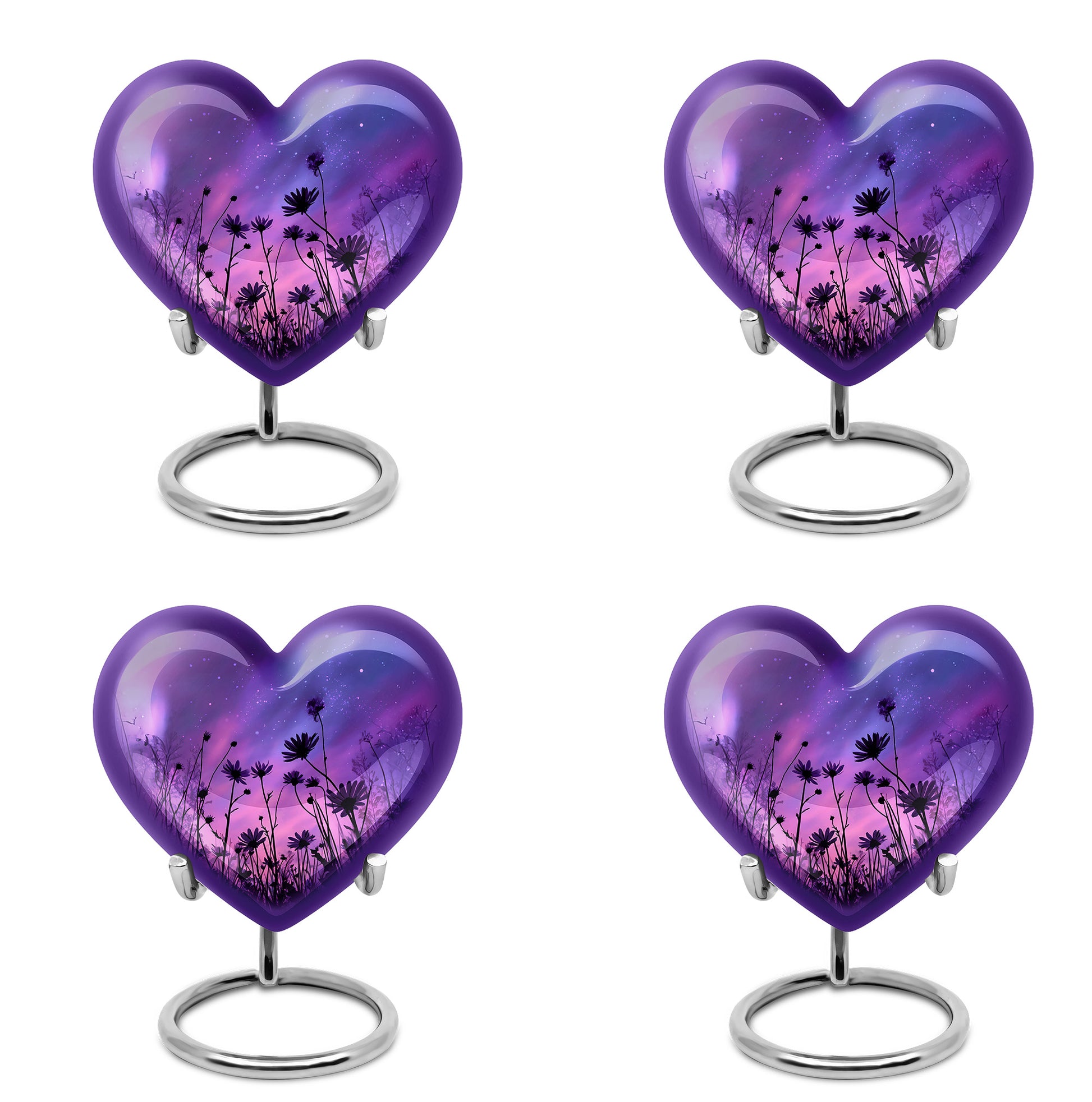 Sky Blue Daisy Cremation Urn angled view of lid and engraved motif - heart-shaped daisy design symbolizing eternal love - 10 inch aluminum urn for cremated remains