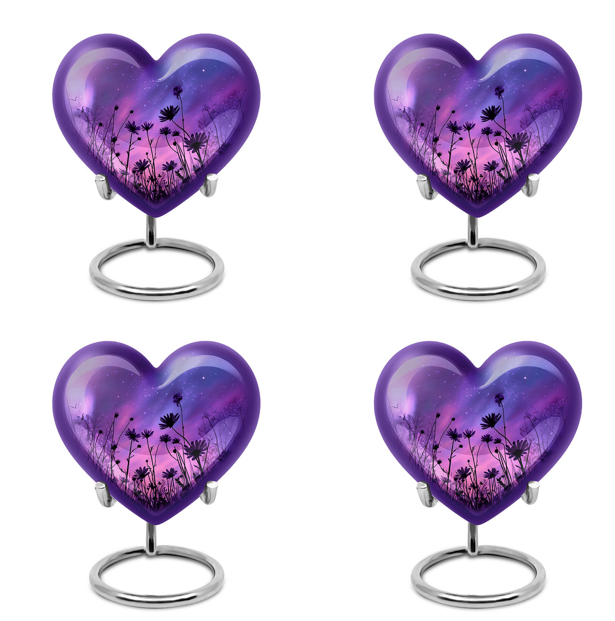 Sky Blue Daisy Cremation Urn angled view of lid and engraved motif - heart-shaped daisy design symbolizing eternal love - 10 inch aluminum urn for cremated remains