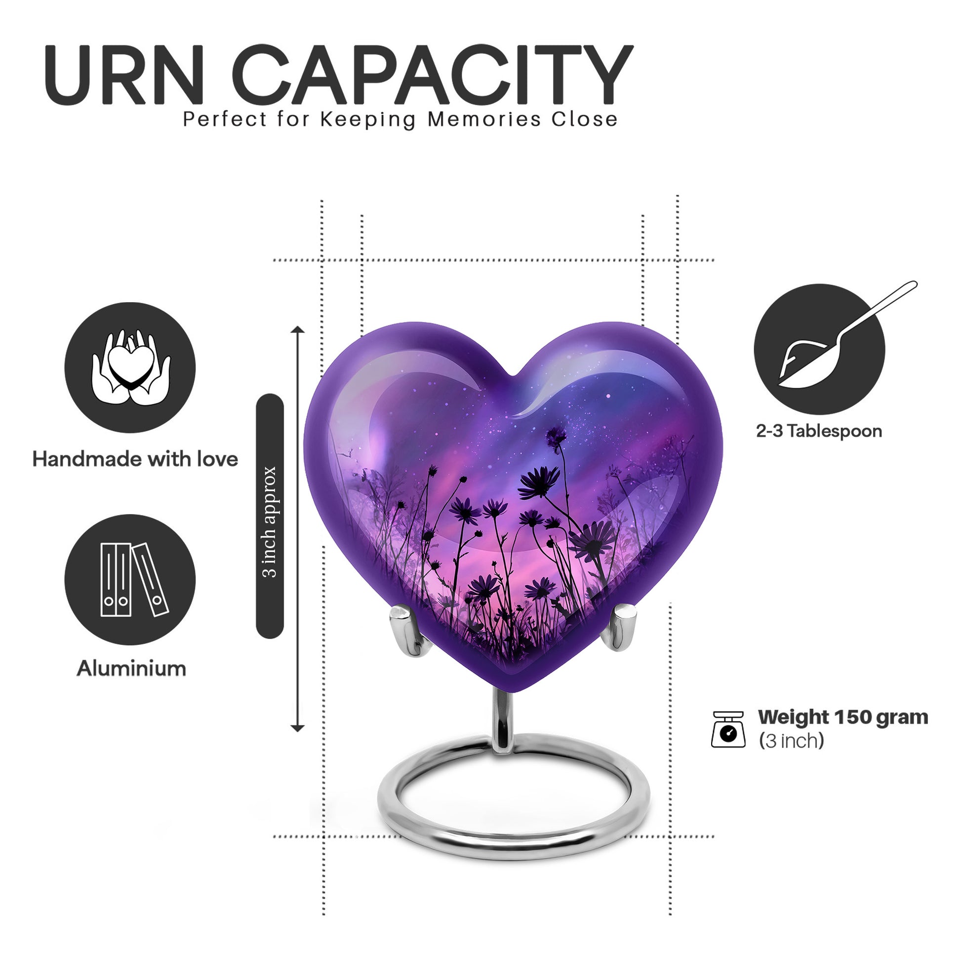 Dusty Blue Daisy Cremation Urn front view showing detailed design - heart-shaped daisy design symbolizing eternal love - mini keepsake memorial for portion of cremation ashes