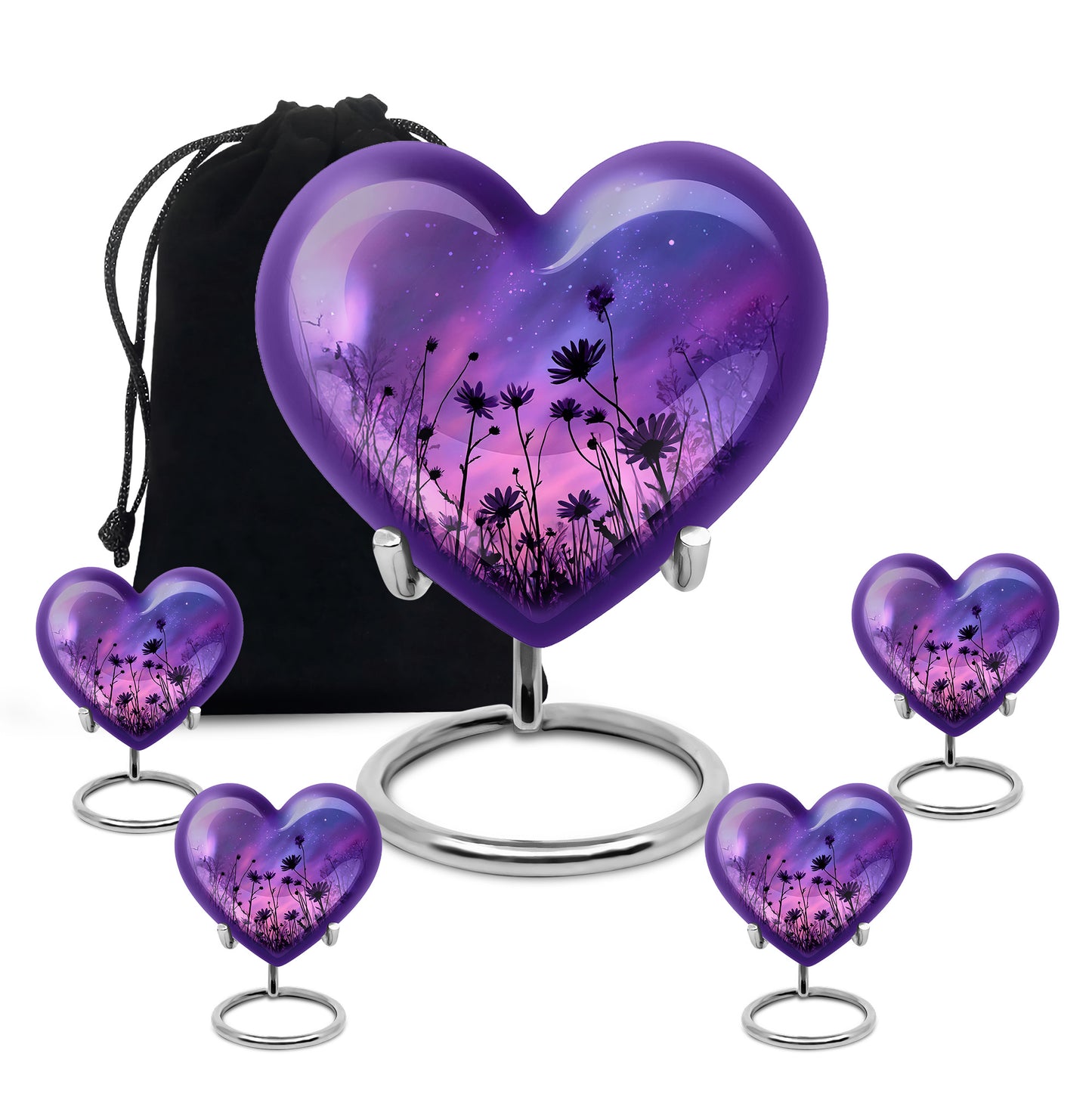Steel Blue Daisy Cremation Urn close-up of engraving and surface detail - romantic heart urn with daisy motif on aluminum - memorial set with one large and four small urns