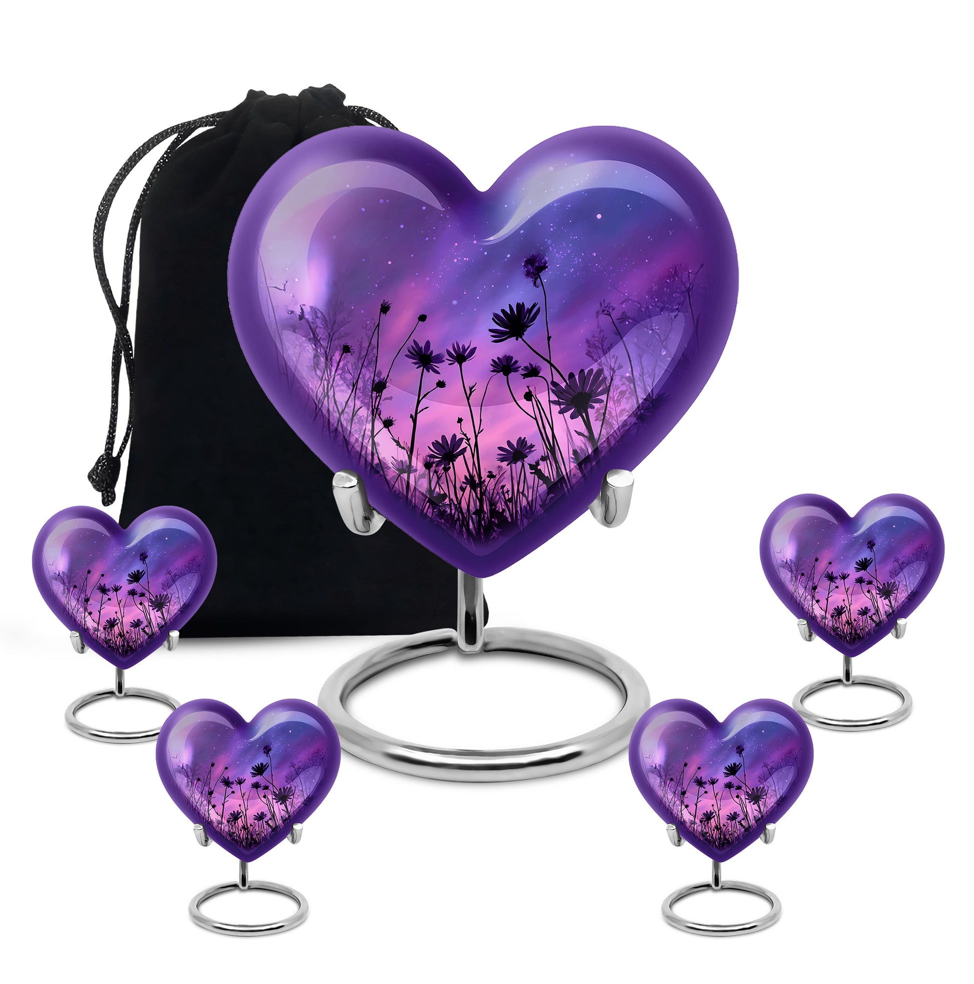 Steel Blue Daisy Cremation Urn close-up of engraving and surface detail - romantic heart urn with daisy motif on aluminum - memorial set with one large and four small urns