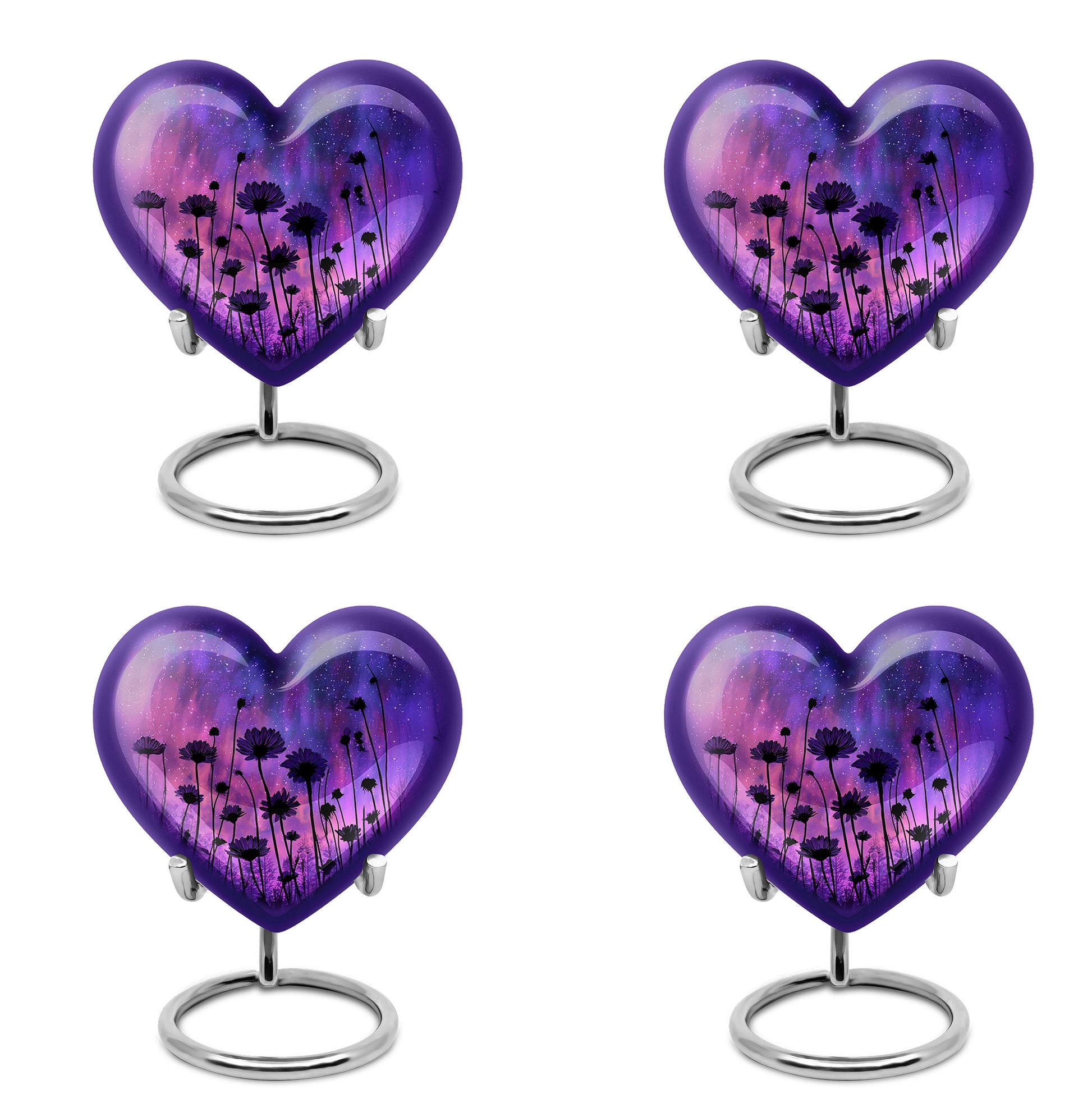 Bright Blue Daisy Cremation Urn angled view of lid and engraved motif - romantic heart urn with daisy motif on aluminum - 10 inch aluminum urn for cremated remains