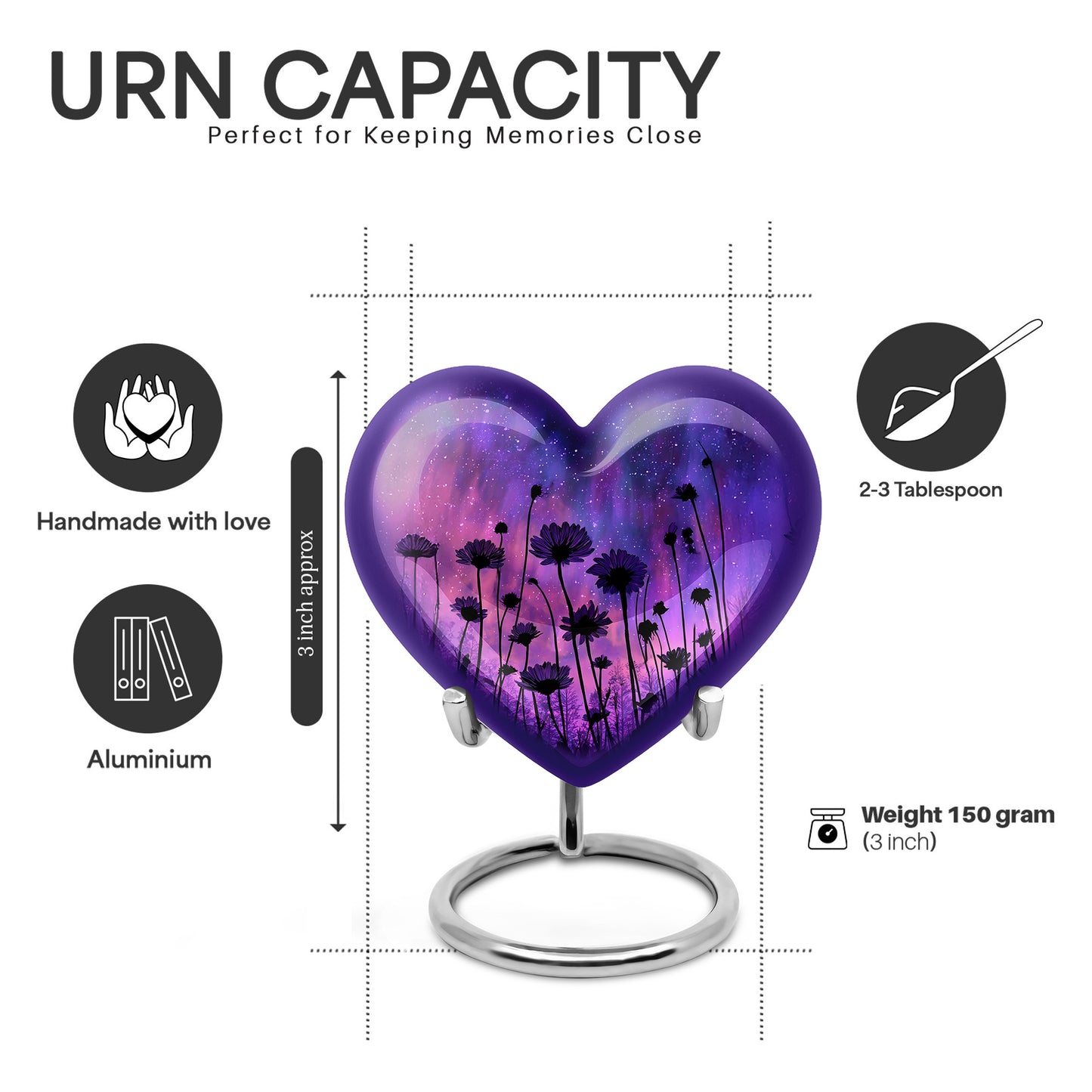Slate Blue Daisy Cremation Urn front view showing detailed design - heart-shaped daisy design symbolizing eternal love - mini keepsake memorial for portion of cremation ashes