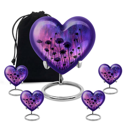 Azure Daisy Cremation Urn close-up of engraving and surface detail - loving heart memorial featuring daisy pattern - memorial set with one large and four small urns