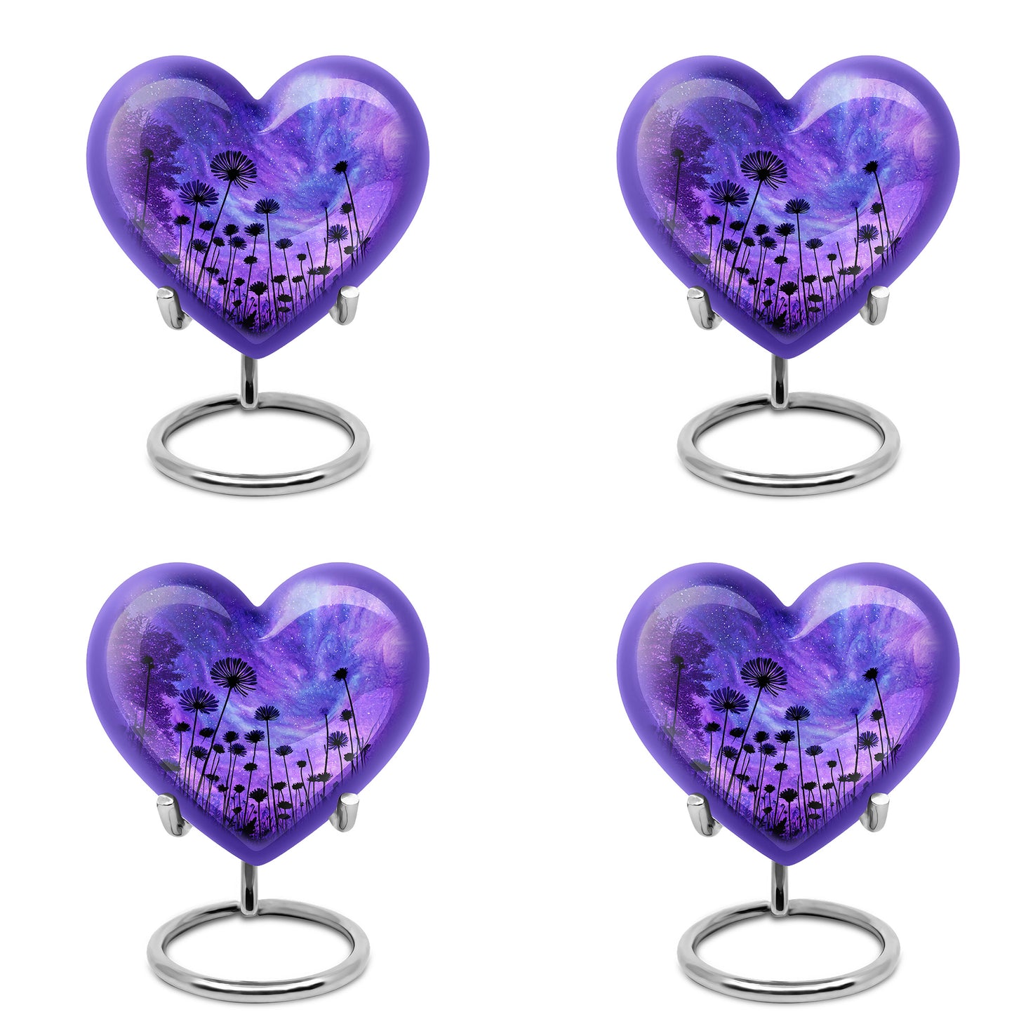 Serene Blue Daisy Cremation Urn angled view of lid and engraved motif - compassionate heart-daisy combination with gentle curves - 10 inch aluminum urn for cremated remains