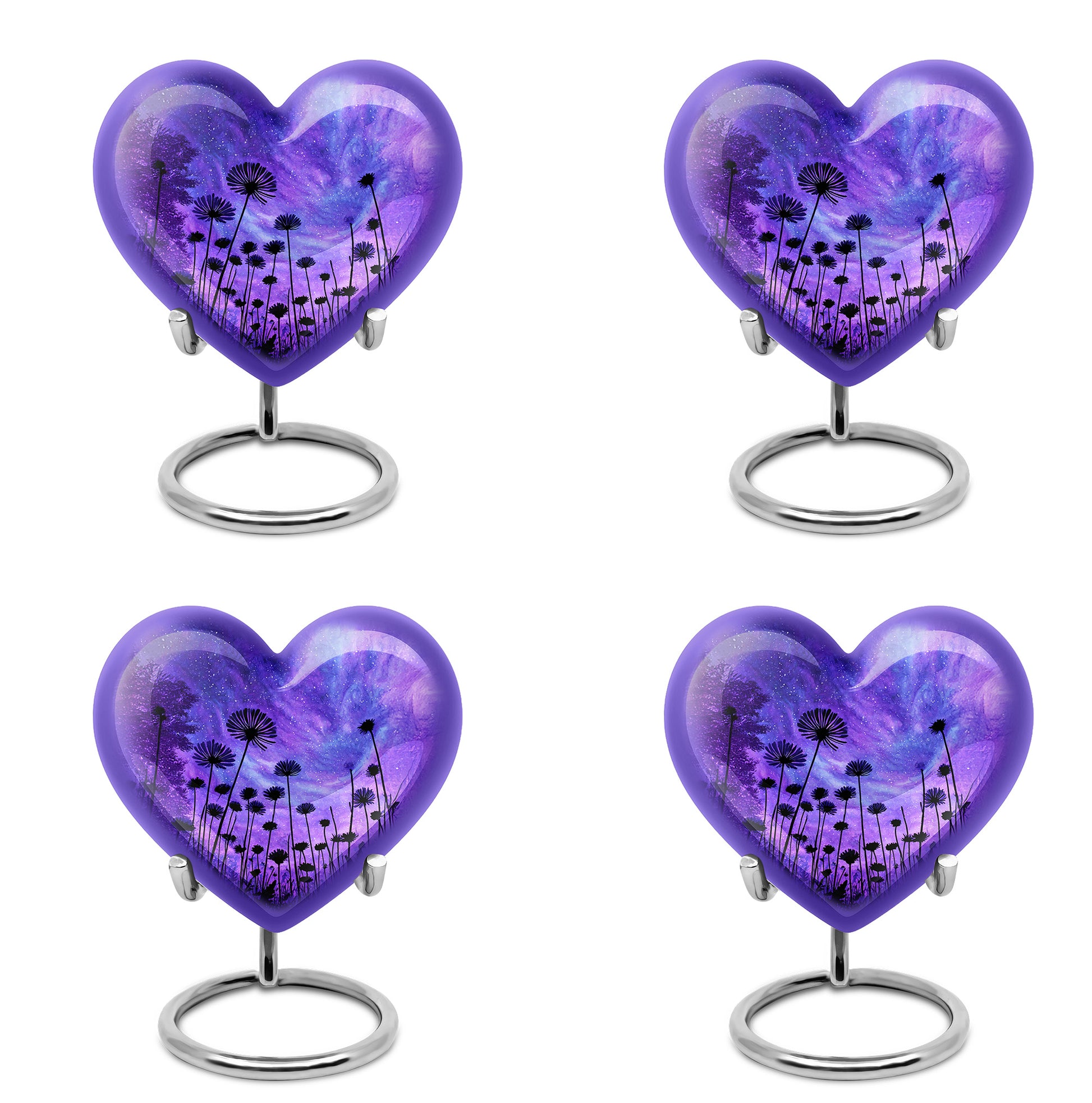 Serene Blue Daisy Cremation Urn angled view of lid and engraved motif - compassionate heart-daisy combination with gentle curves - 10 inch aluminum urn for cremated remains