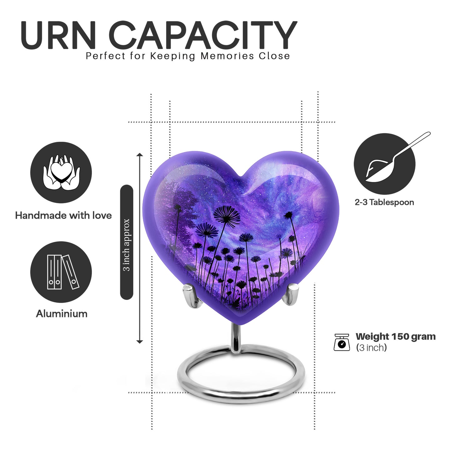 Sapphire Blue Daisy Cremation Urn front view showing detailed design - compassionate heart-daisy combination with gentle curves - mini keepsake memorial for portion of cremation ashes