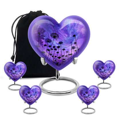 Dusty Blue Daisy Cremation Urn close-up of engraving and surface detail - heart-shaped daisy design symbolizing eternal love - memorial set with one large and four small urns