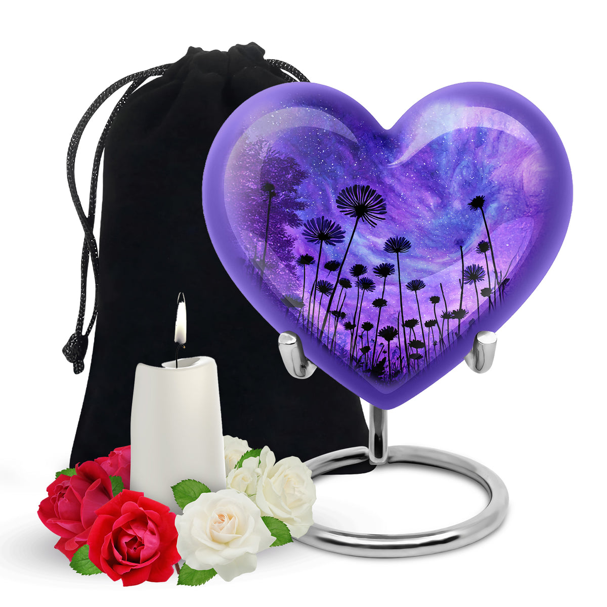 Royal Blue Daisy Cremation Urn detail view - compassionate heart-daisy combination with gentle curves - full-size 10 inch 200 cubic inch adult cremation urn
