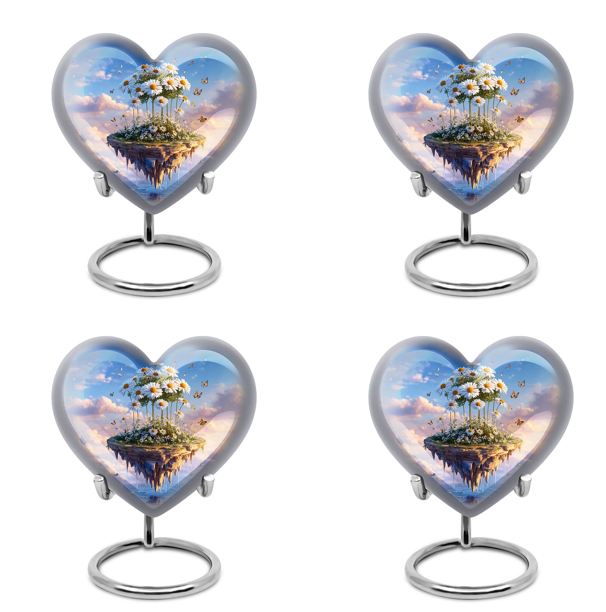 Pastel Blue Daisy Cremation Urn angled view of lid and engraved motif - heart-shaped daisy design symbolizing eternal love - 10 inch aluminum urn for cremated remains