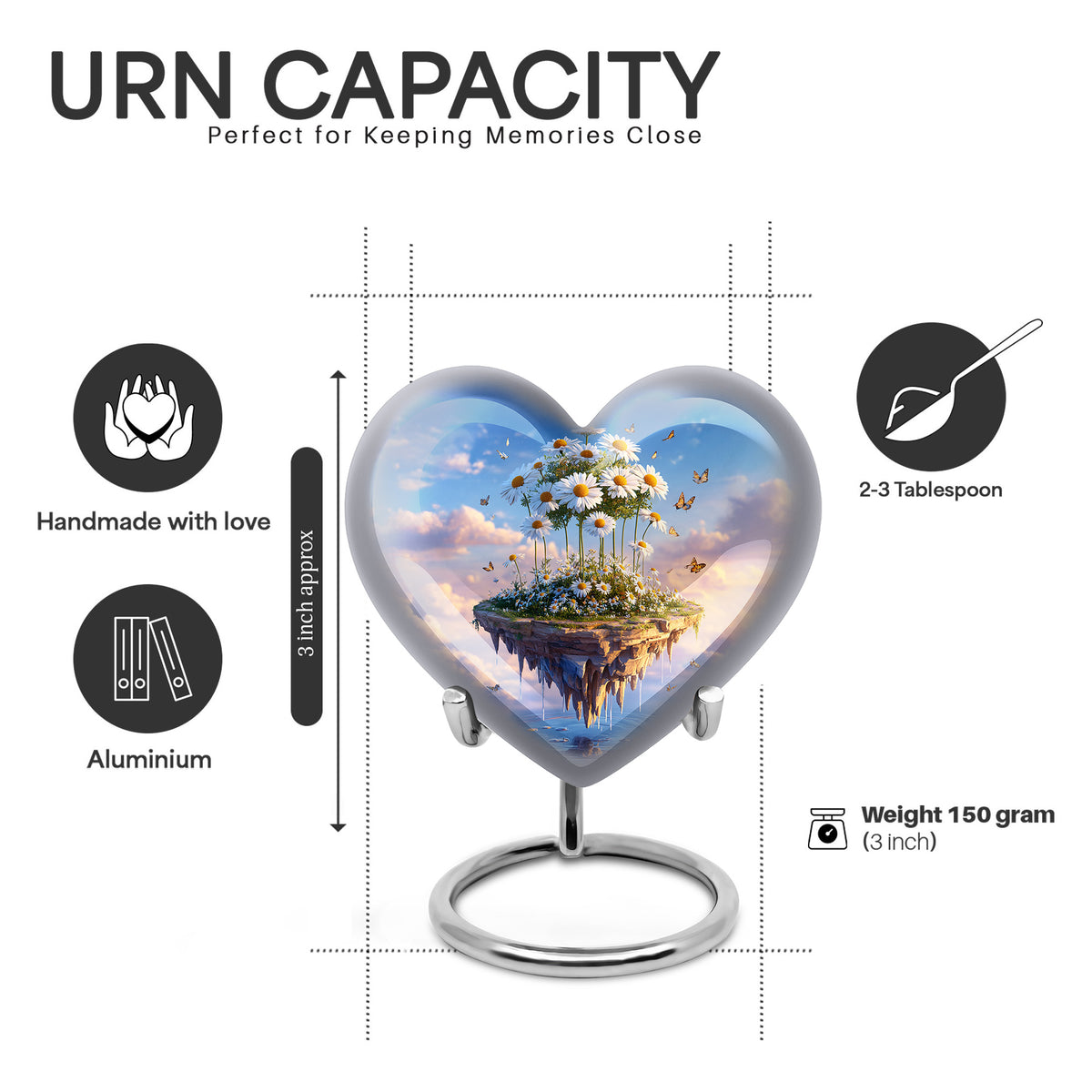 Serene Blue Daisy Cremation Urn front view showing detailed design - compassionate heart-daisy combination with gentle curves - mini keepsake memorial for portion of cremation ashes