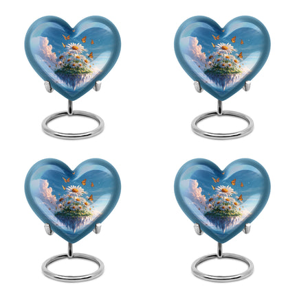 Calming Blue Daisy Cremation Urn angled view of lid and engraved motif - romantic heart urn with daisy motif on aluminum - 10 inch aluminum urn for cremated remains