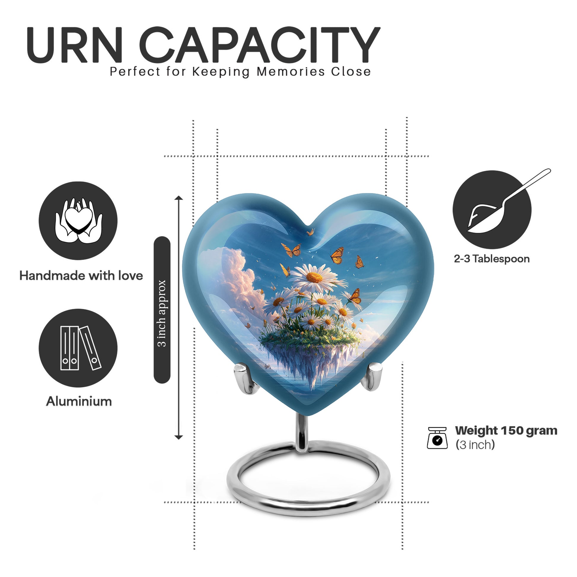 Azure Daisy Cremation Urn front view showing detailed design - loving heart memorial featuring daisy pattern - mini keepsake memorial for portion of cremation ashes