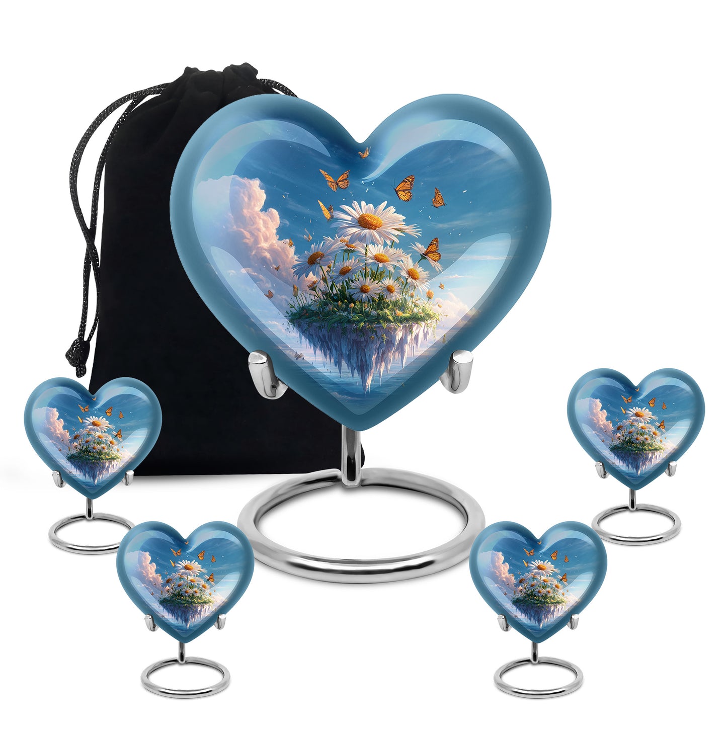 Navy Blue Daisy Cremation Urn close-up of engraving and surface detail - loving heart memorial featuring daisy pattern - memorial set with one large and four small urns