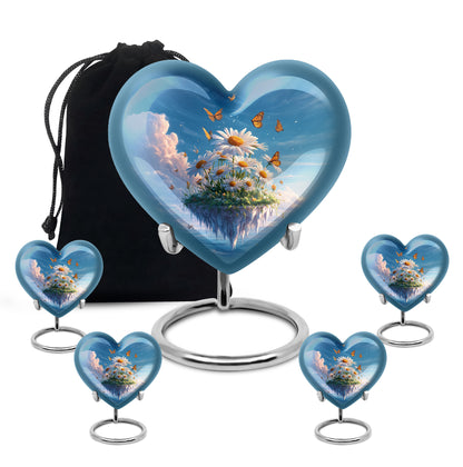 Navy Blue Daisy Cremation Urn close-up of engraving and surface detail - loving heart memorial featuring daisy pattern - memorial set with one large and four small urns