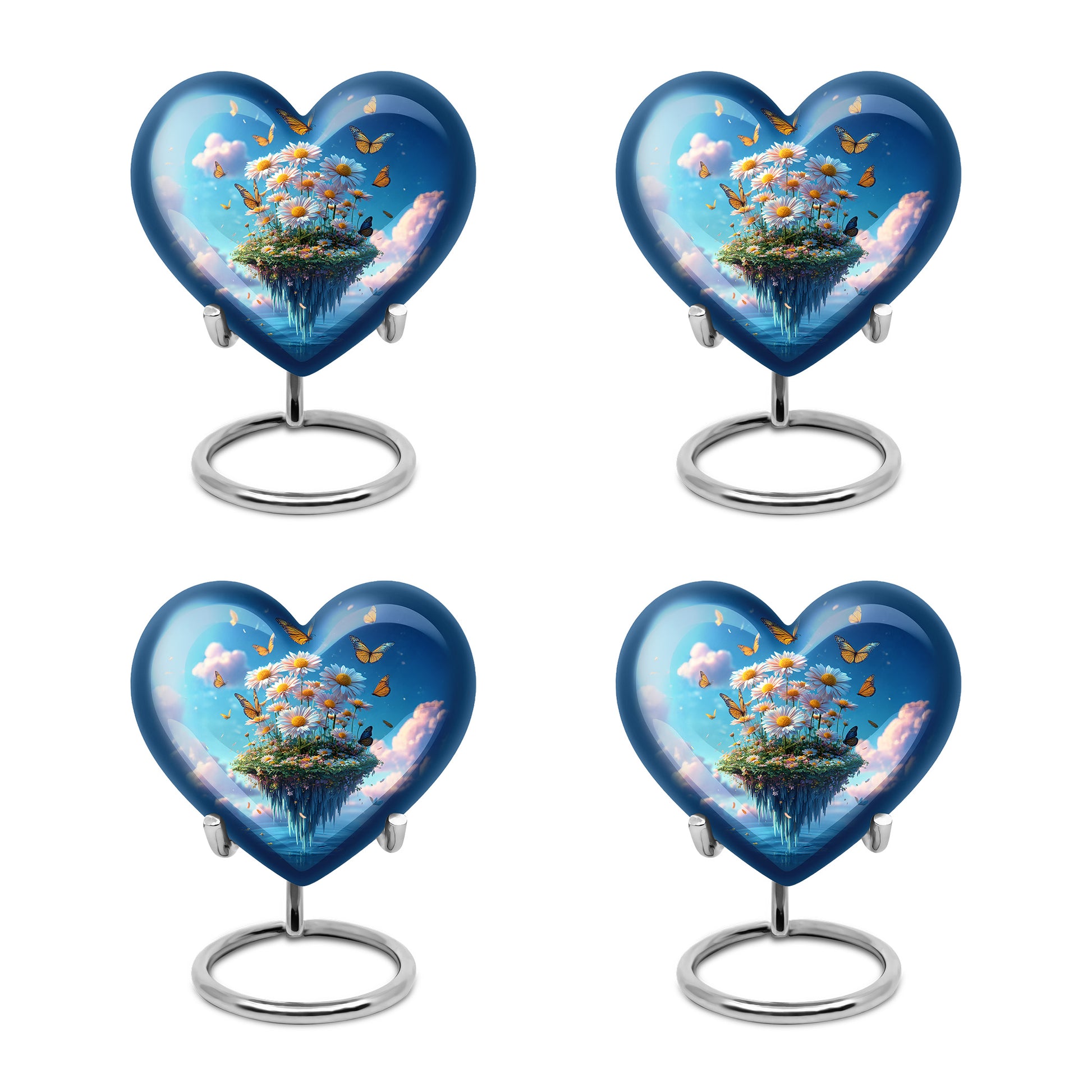 Powder Blue Daisy Cremation Urn angled view of lid and engraved motif - loving heart memorial featuring daisy pattern - 10 inch aluminum urn for cremated remains