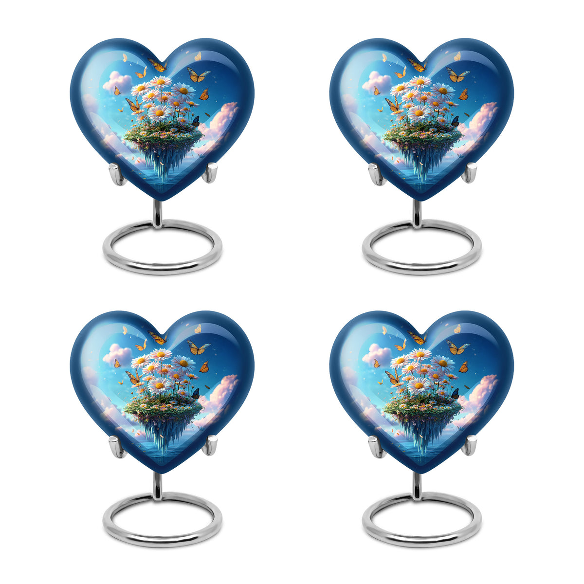 Powder Blue Daisy Cremation Urn angled view of lid and engraved motif - loving heart memorial featuring daisy pattern - 10 inch aluminum urn for cremated remains