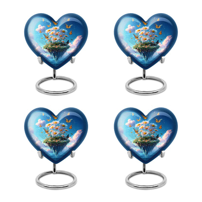 Powder Blue Daisy Cremation Urn angled view of lid and engraved motif - loving heart memorial featuring daisy pattern - 10 inch aluminum urn for cremated remains