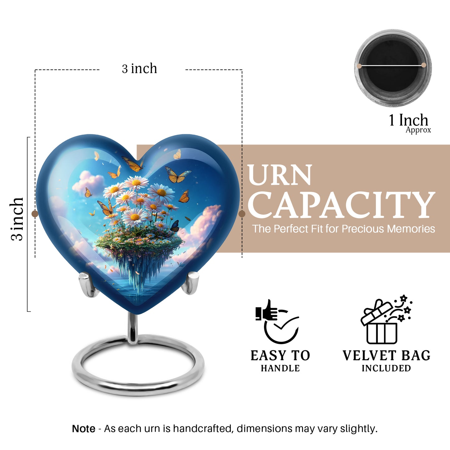 Powder Blue Daisy Cremation Urn front view showing detailed design - loving heart memorial featuring daisy pattern - mini keepsake memorial for portion of cremation ashes