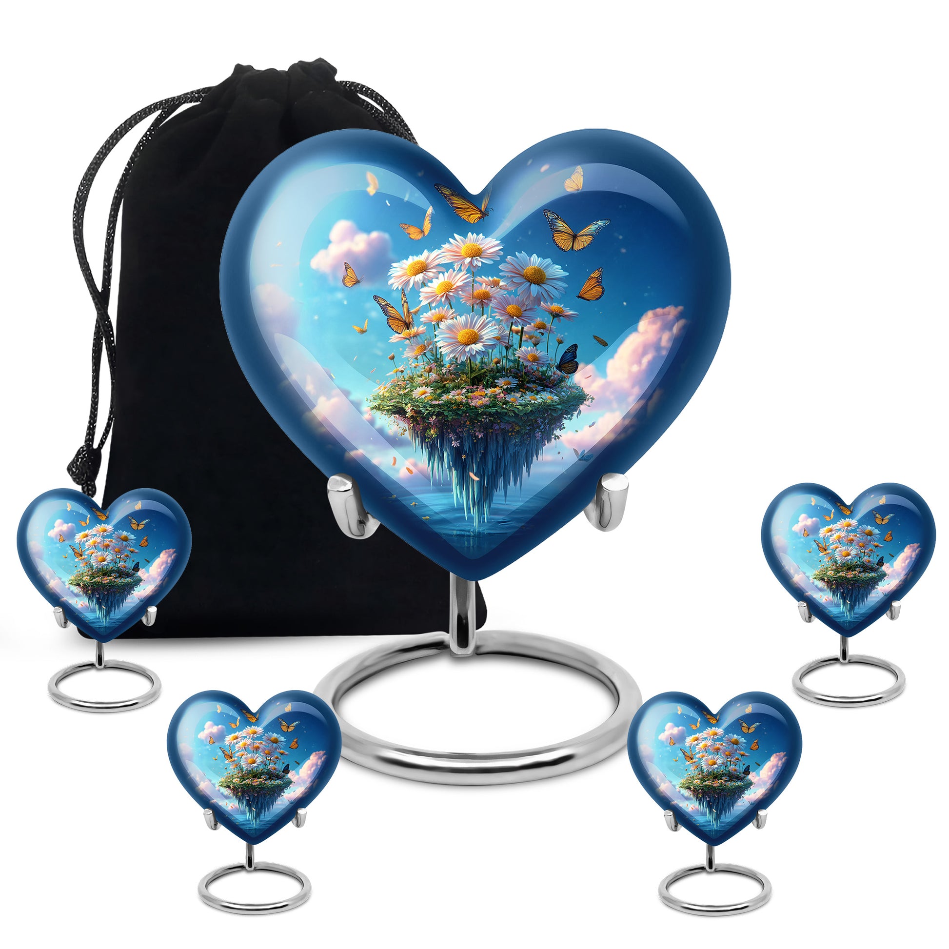 Powder Blue Daisy Cremation Urn close-up of engraving and surface detail - loving heart memorial featuring daisy pattern - memorial set with one large and four small urns