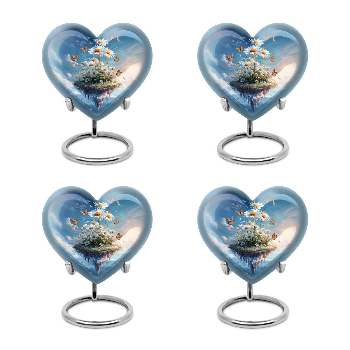 Twilight Blue Daisy Cremation Urn angled view of lid and engraved motif - compassionate heart-daisy combination with gentle curves - 10 inch aluminum urn for cremated remains