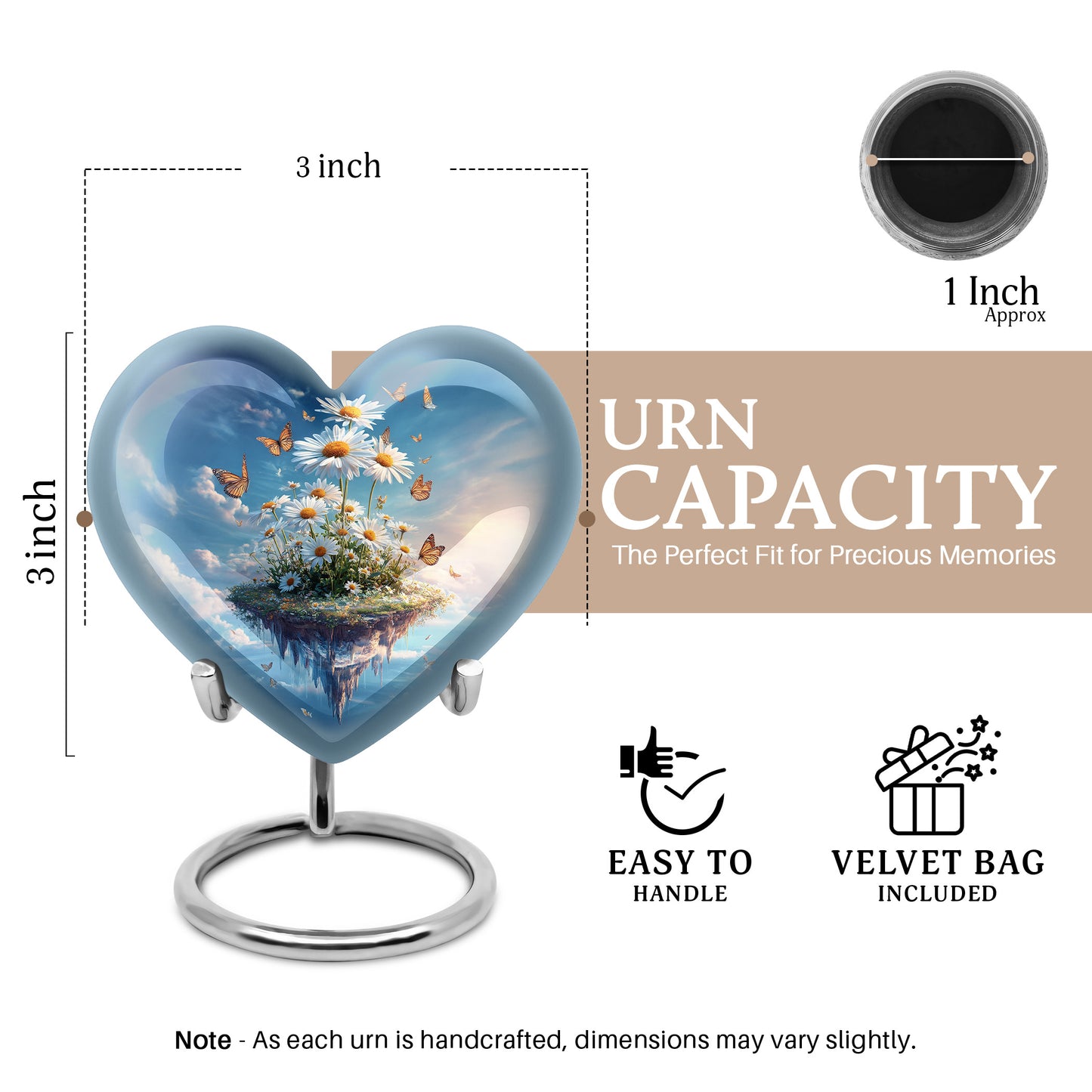 Steel Blue Daisy Cremation Urn front view showing detailed design - compassionate heart-daisy combination with gentle curves - mini keepsake memorial for portion of cremation ashes