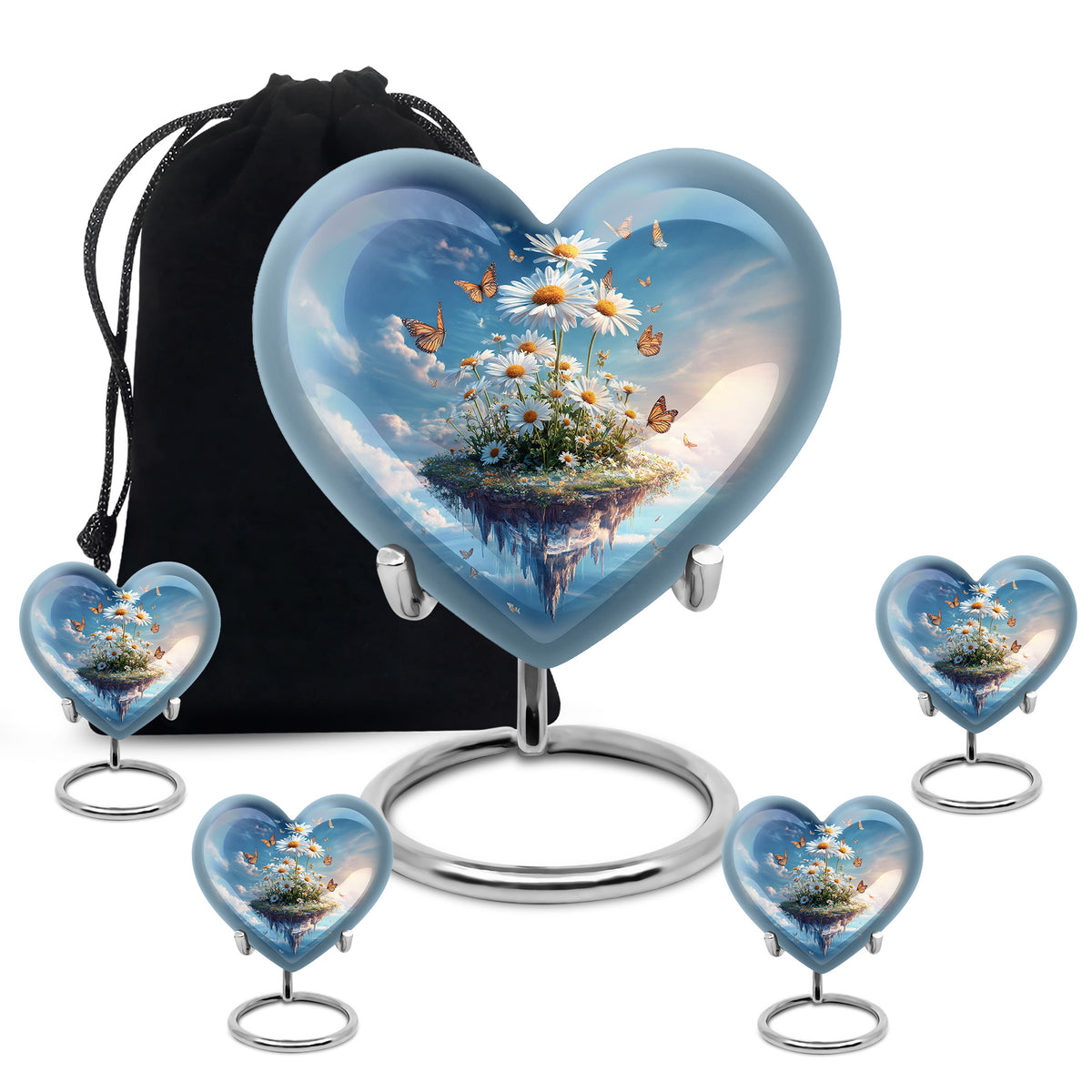 Royal Blue Daisy Cremation Urn close-up of engraving and surface detail - compassionate heart-daisy combination with gentle curves - memorial set with one large and four small urns