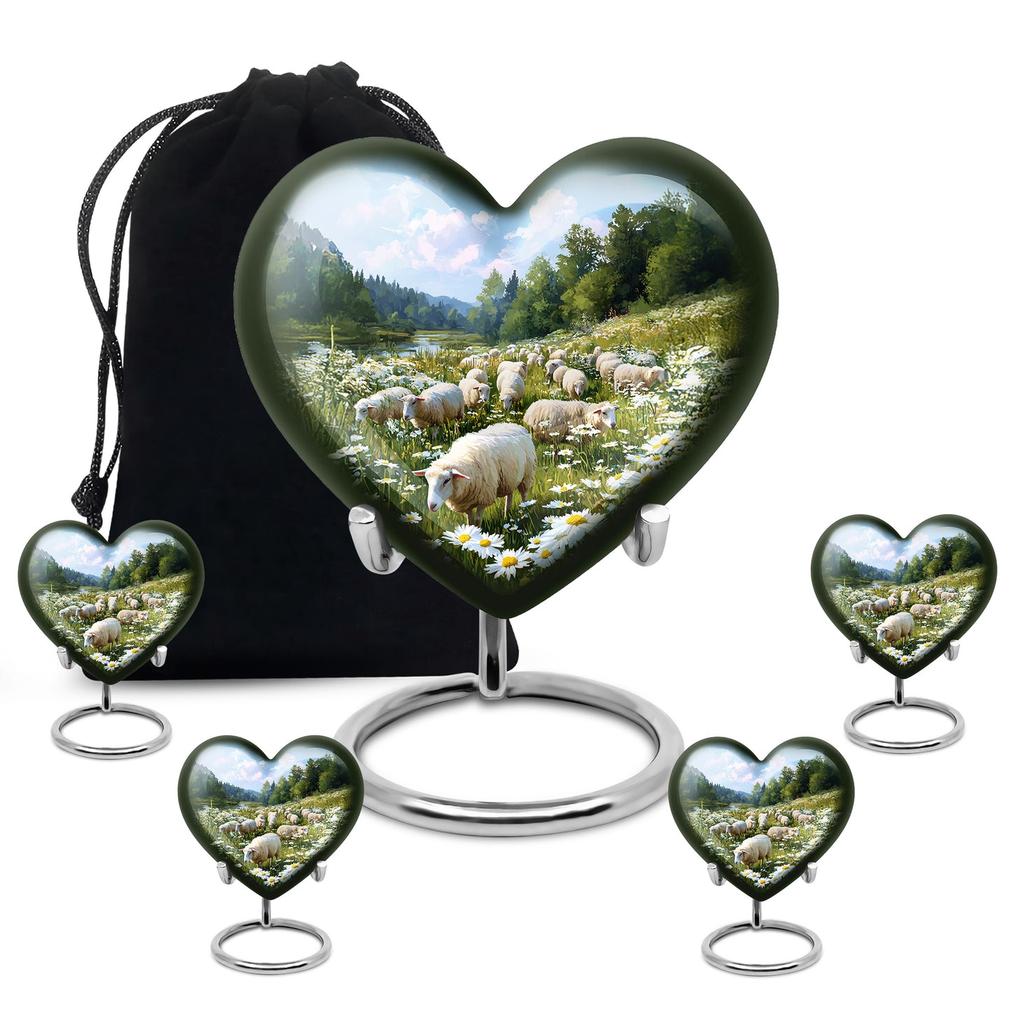 Vivid Blue Daisy Cremation Urn close-up of engraving and surface detail - romantic heart urn with daisy motif on aluminum - memorial set with one large and four small urns