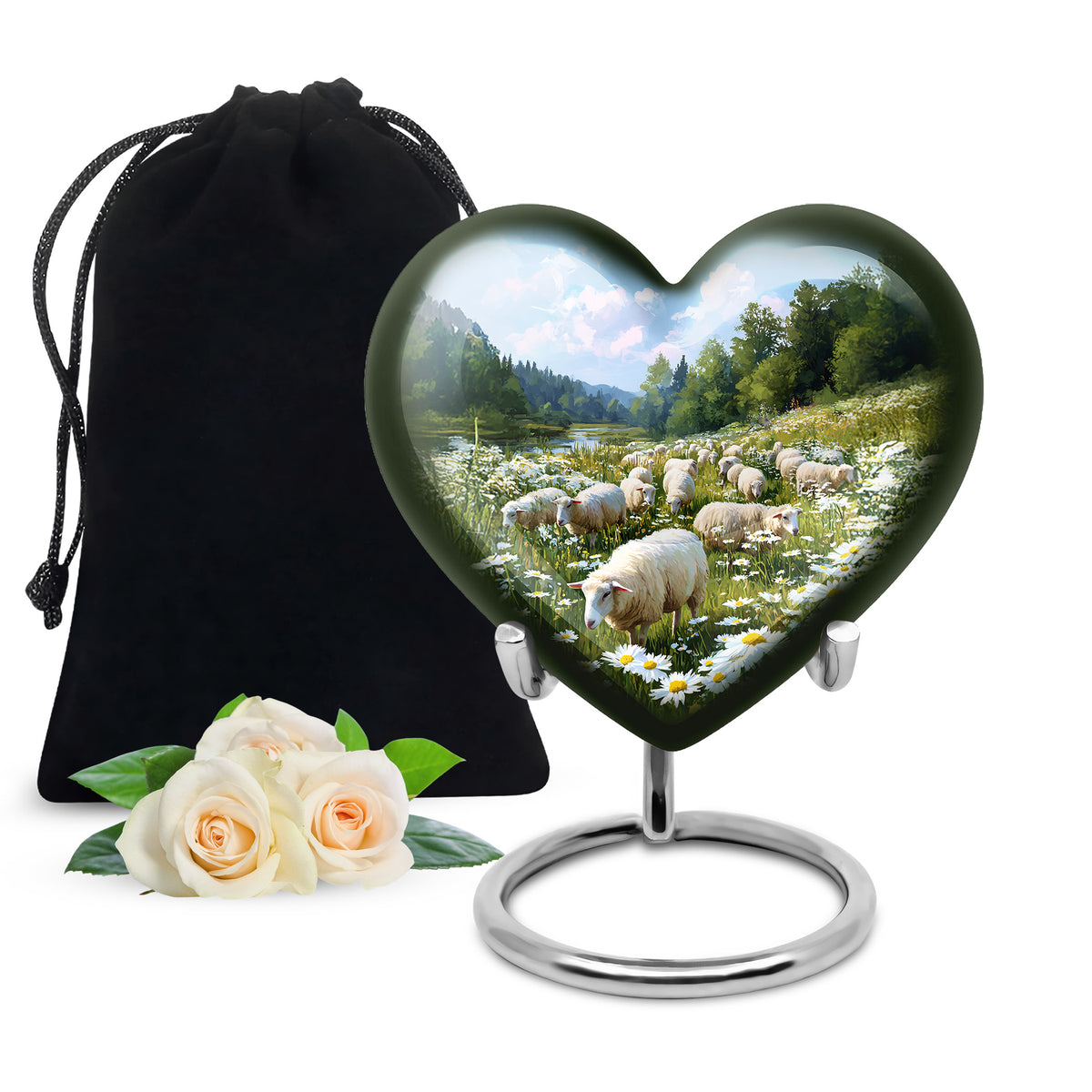 Sapphire Blue Daisy Cremation Urn detail view - compassionate heart-daisy combination with gentle curves - full-size 10 inch 200 cubic inch adult cremation urn
