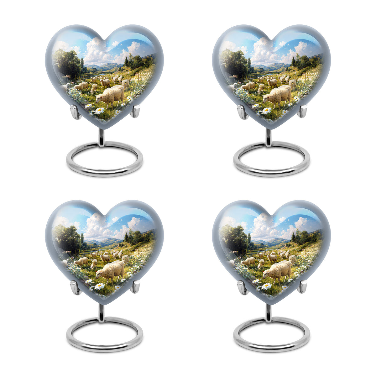 Azure Daisy Cremation Urn angled view of lid and engraved motif - loving heart memorial featuring daisy pattern - 10 inch aluminum urn for cremated remains