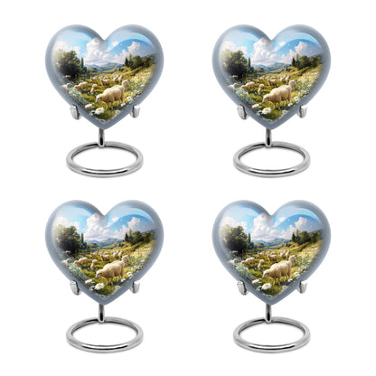Azure Daisy Cremation Urn angled view of lid and engraved motif - loving heart memorial featuring daisy pattern - 10 inch aluminum urn for cremated remains