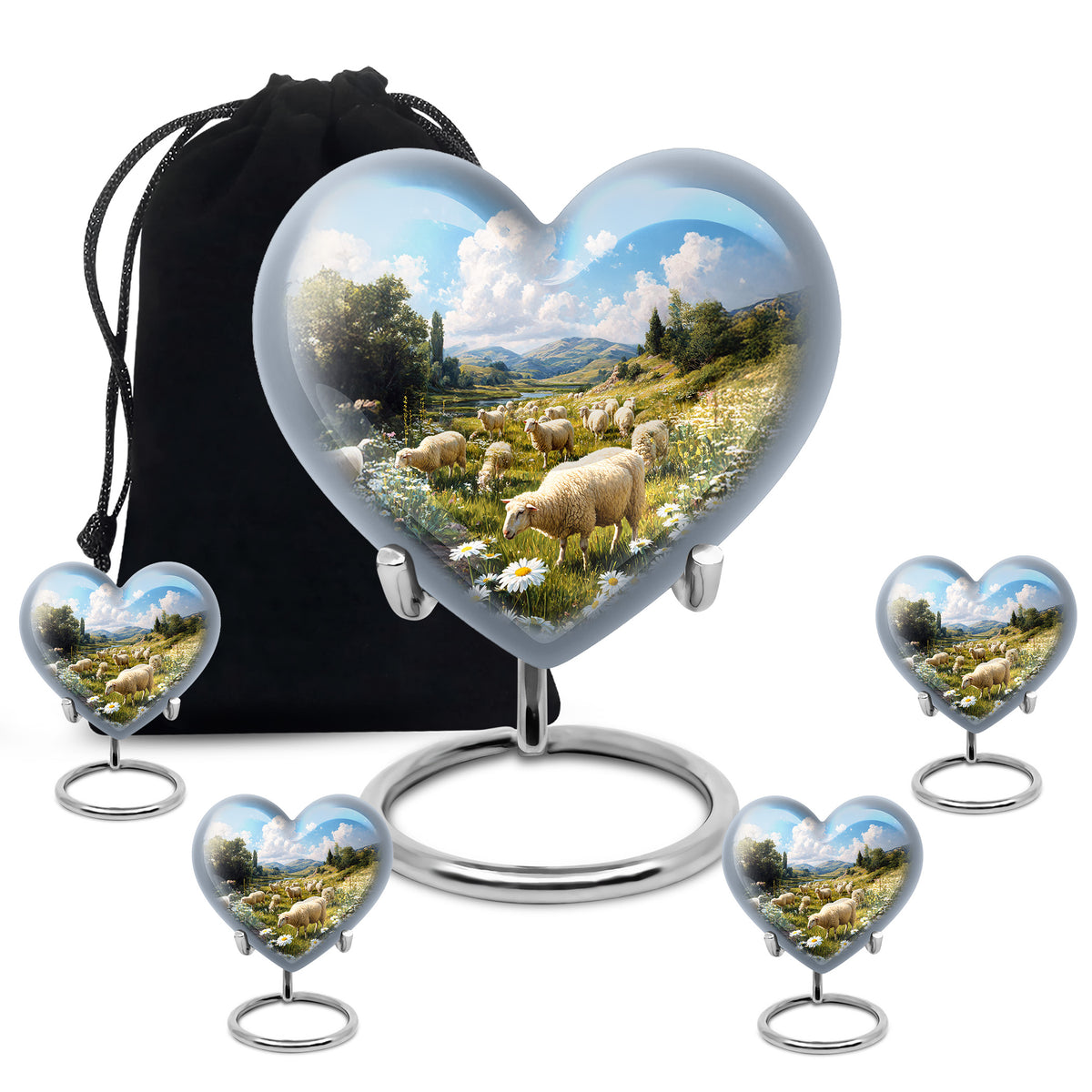 Royal Blue Daisy Cremation Urn close-up of engraving and surface detail - romantic heart urn with daisy motif on aluminum - memorial set with one large and four small urns