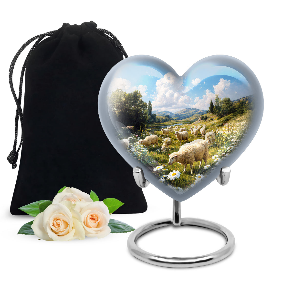 Icy Blue Daisy Cremation Urn detail view - loving heart memorial featuring daisy pattern - full-size 10 inch 200 cubic inch adult cremation urn