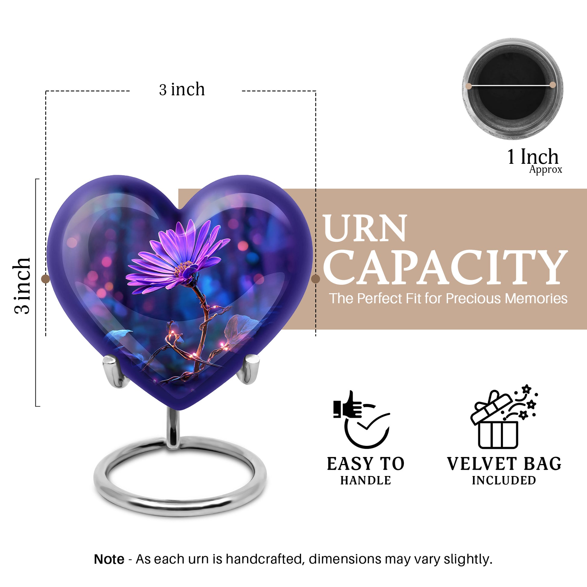 Slate Blue Daisy Cremation Urn front view showing detailed design - heart-shaped daisy design symbolizing eternal love - mini keepsake memorial for portion of cremation ashes
