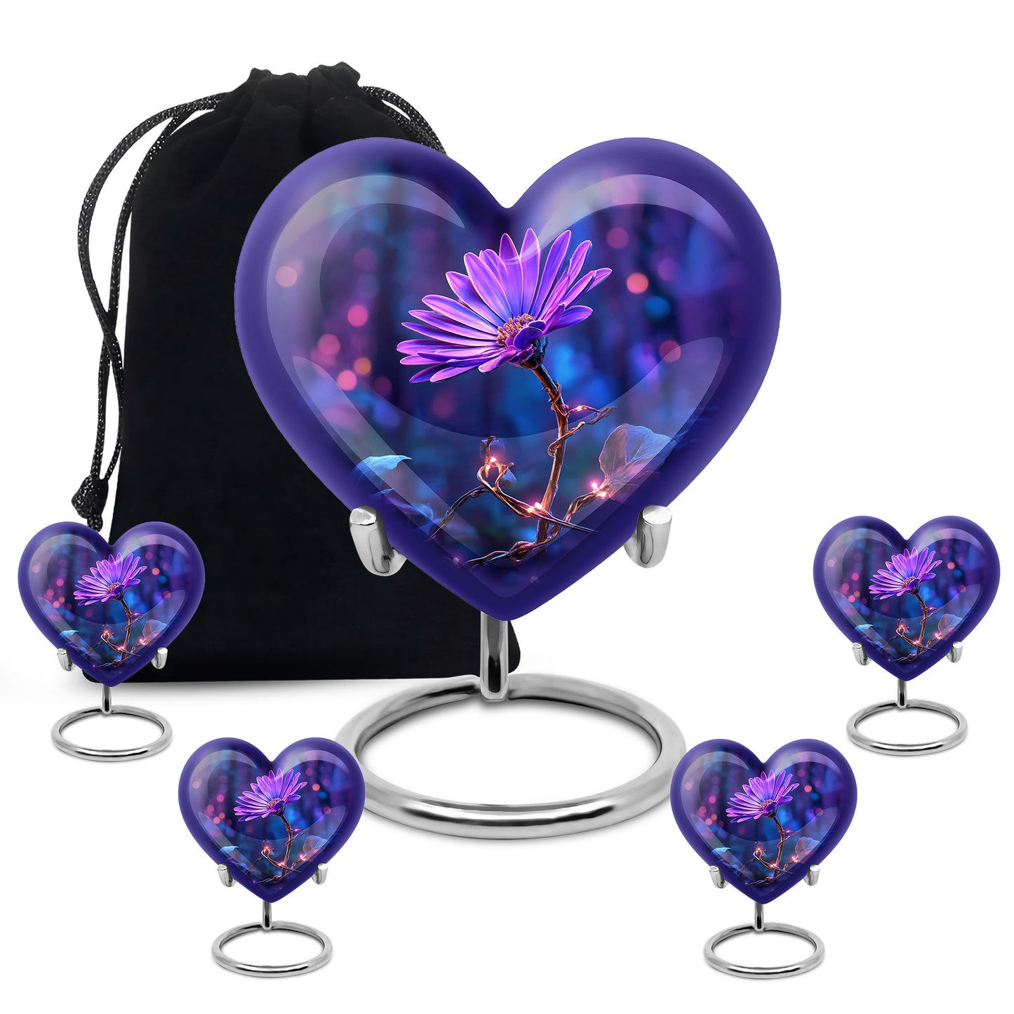 Indigo Daisy Cremation Urn close-up of engraving and surface detail - heart-shaped daisy design symbolizing eternal love - memorial set with one large and four small urns