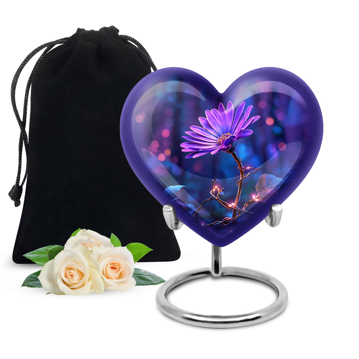 Bright Blue Daisy Cremation Urn detail view - romantic heart urn with daisy motif on aluminum - full-size 10 inch 200 cubic inch adult cremation urn