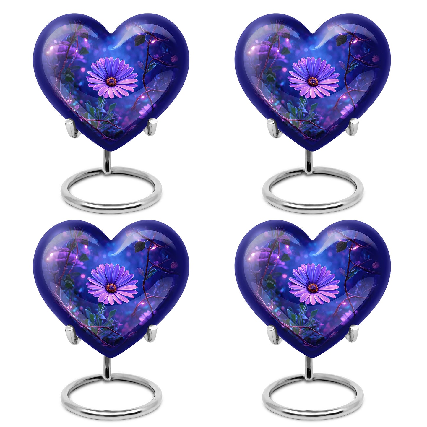 Icy Blue Daisy Cremation Urn angled view of lid and engraved motif - heart-shaped daisy design symbolizing eternal love - 10 inch aluminum urn for cremated remains