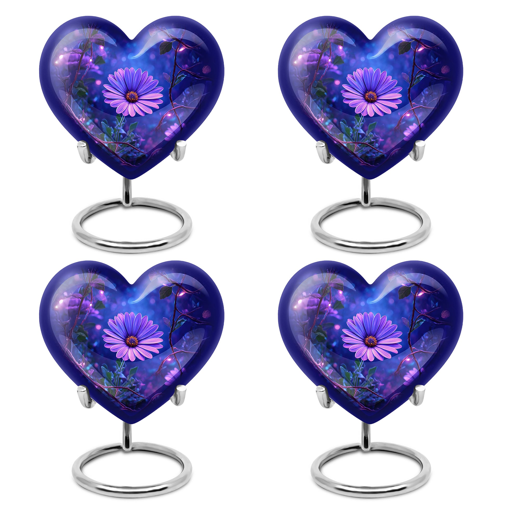 Icy Blue Daisy Cremation Urn angled view of lid and engraved motif - heart-shaped daisy design symbolizing eternal love - 10 inch aluminum urn for cremated remains